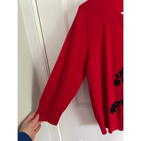 Cable and Gauge Women's P L Red Black Embroidered 3/4 Sleeve Cardigan Whimsygoth - Picture 8 of 11
